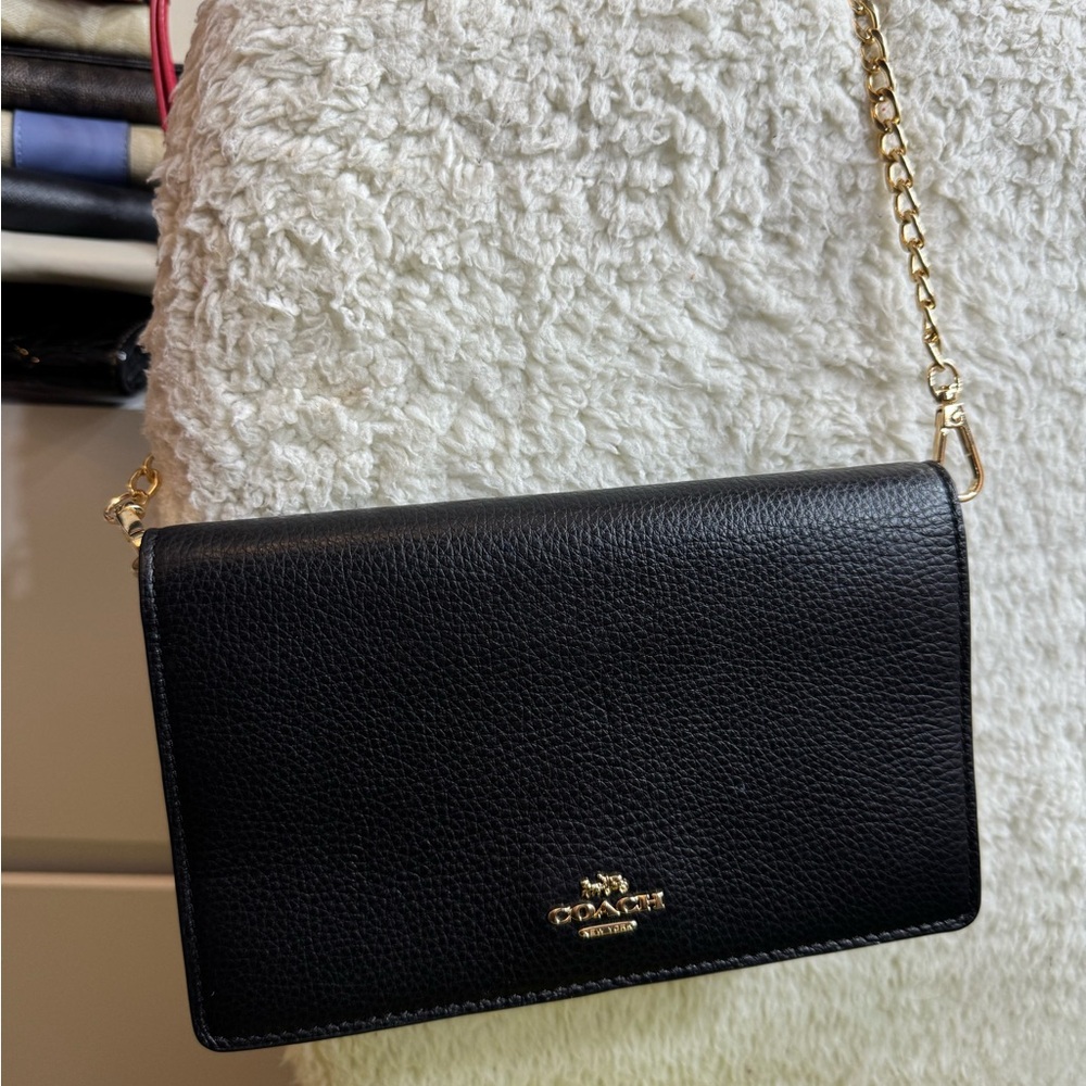 Coach Black Leather Crossbody with Gold Chain